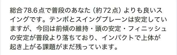 AIコーチの総括。総合78.6点で普段のあなた(約72点)よりも良いスイングです。テンポとスイングプレーンは安定していますが、今回は前傾の維持・頭の安定・フィニッシュの安定が普段より落ちており、インパクトで上体が起き上がる課題がまだ残っています