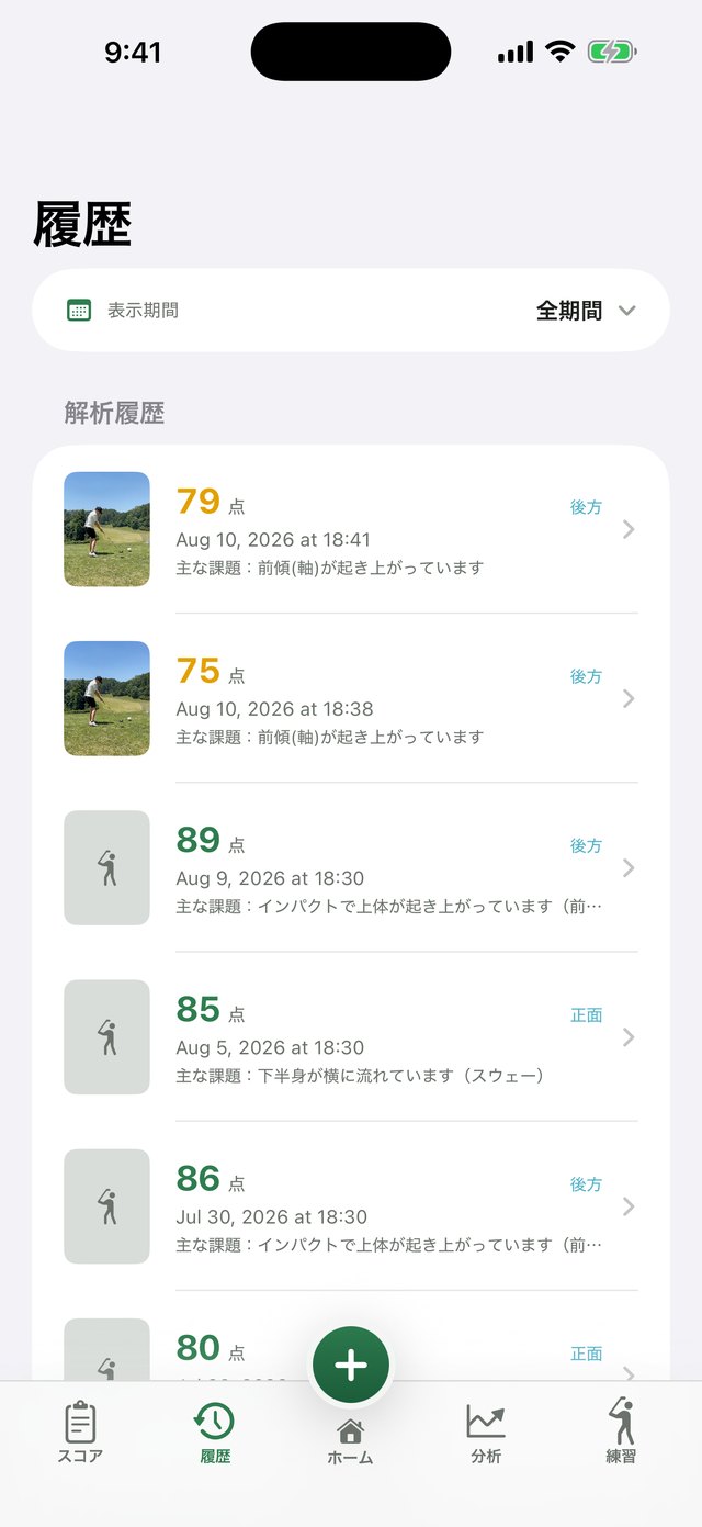 解析履歴の一覧。点数と主な課題が日付順に並ぶ