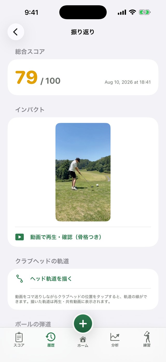 解析結果の画面。総合スコア79/100とインパクトの静止画
