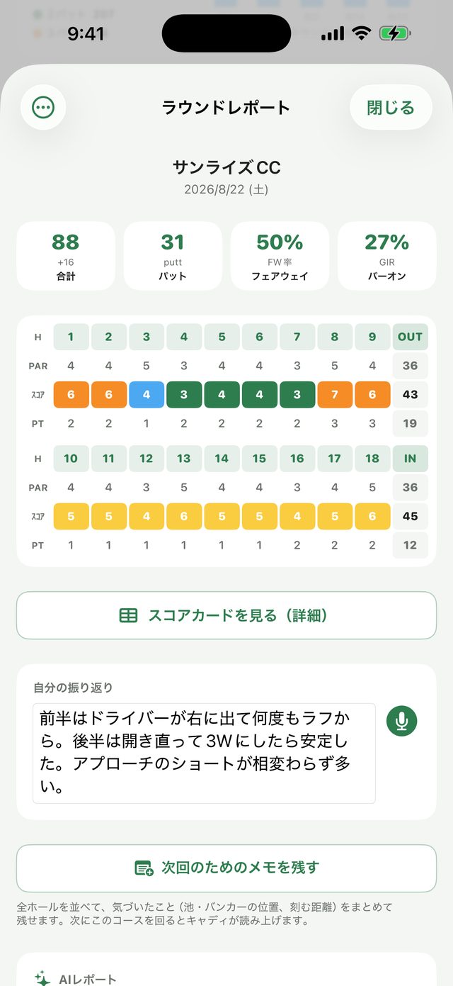 ラウンドレポート。合計88・パット31・フェアウェイ50%・パーオン27%、音声入力できる振り返り欄と、次回のためのメモを残す導線